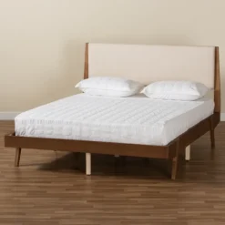 Kirkland's Home Beds & Headboards-Tan Upholstered Brown Wood Queen Platform Bed