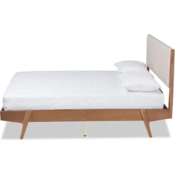 Kirkland's Home Beds & Headboards-Tan Upholstered Brown Wood Full Platform Bed
