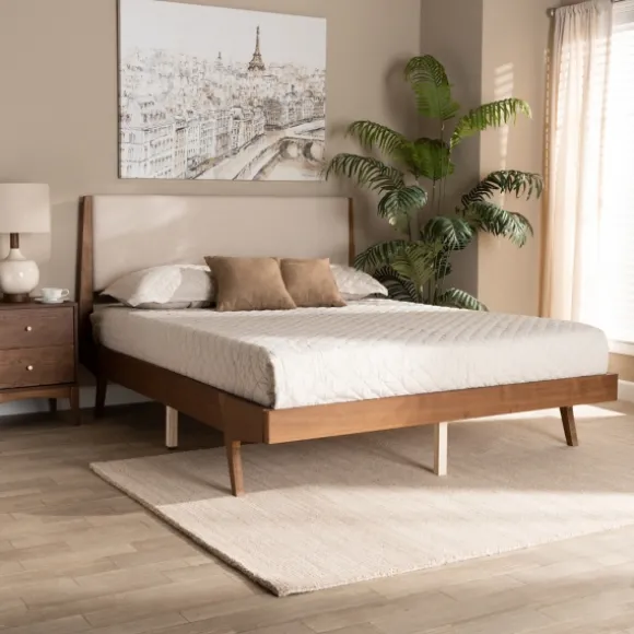Kirkland's Home Beds & Headboards-Tan Upholstered Brown Wood Full Platform Bed