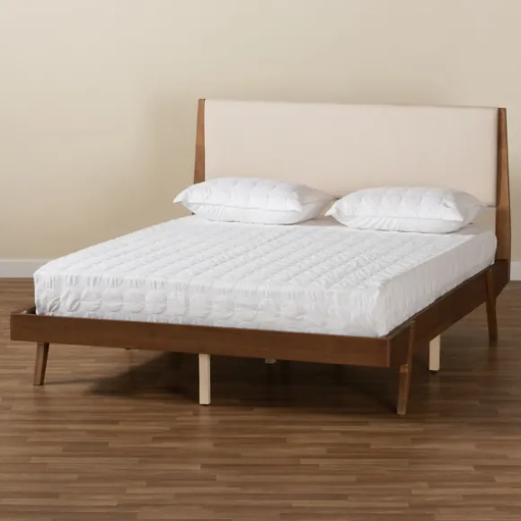 Kirkland's Home Beds & Headboards-Tan Upholstered Brown Wood Full Platform Bed