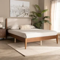 Kirkland's Home Beds & Headboards-Tan Upholstered Classic Wood Full Platform Bed