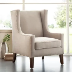 Kirkland's Home Accent Chairs-Taupe Upholstered Wingback Accent Chair