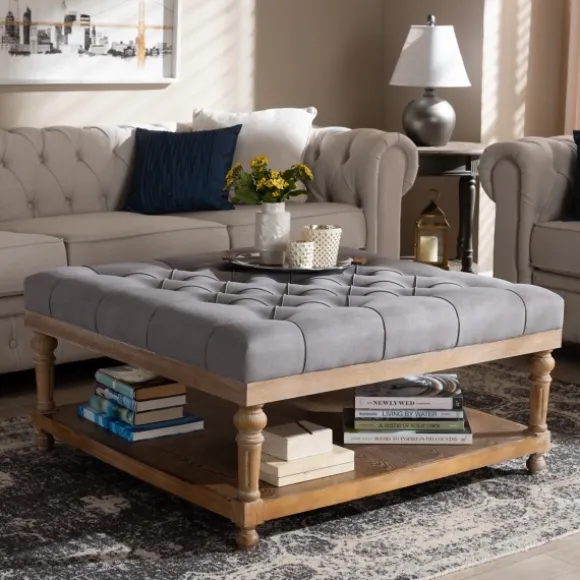 Kirkland's Home Benches & Ottomans-Upholstered Linen Tufted Ottoman With Shelf