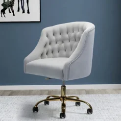 Kirkland's Home Office Furniture-Velvet Tufted Gold Leg Swivel Office Chair
