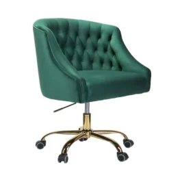 Kirkland's Home Office Furniture-Velvet Tufted Golden Leg Swivel Office Chair