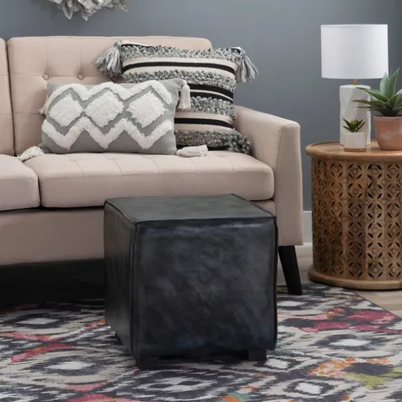 Kirkland's Home Benches & Ottomans-Vintage Finish Leather Cube Ottoman