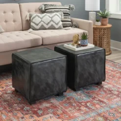Kirkland's Home Benches & Ottomans-Vintage Finish Leather Cube Ottoman