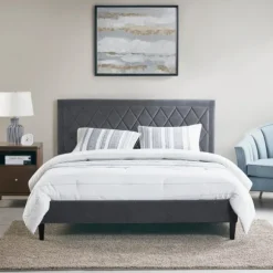 Kirkland's Home Beds & Headboards-Viv Charcoal Diamond Tufted Full Bed Frame