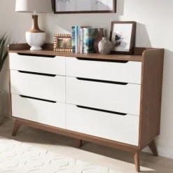 Kirkland's Home Dressers & Chests-Walnut And White Mid-Century Modern Dresser