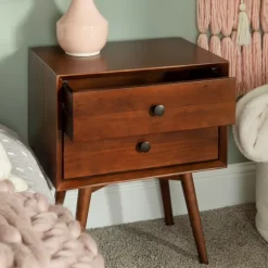 Kirkland's Home Nightstands-Walnut 2-Drawer Mid-Century Modern Nightstand