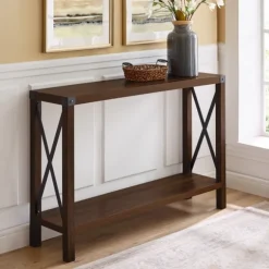 Kirkland's Home Console Tables-Walnut Rustic Farmhouse X-Frame Console Table