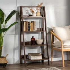 Kirkland's Home Bookshelves-Walnut 4-Tier Ladder Bookshelf