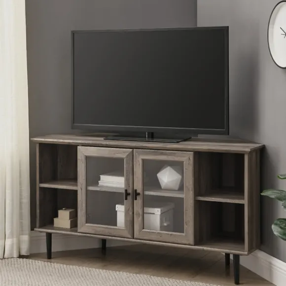 Kirkland's Home Tv Stands & Media Consoles-Washed Glass Door Corner Tv Stand