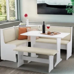 Kirkland's Home Dining Sets-White And Beige Upholstered 3-Pc Dining Nook Set