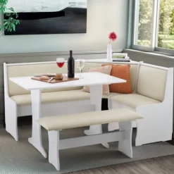 Kirkland's Home Dining Sets-White And Beige Upholstered 3-Pc Dining Nook Set