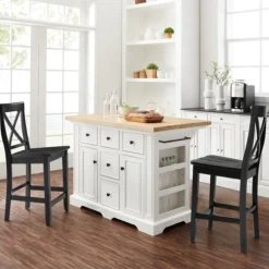 Kirkland's Home Kitchen Islands & Bar Carts-White And Black Wood 3-Pc. Kitchen Island Set