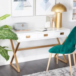 Kirkland's Home Office Furniture-White And Gold Metal Desk With Outlets