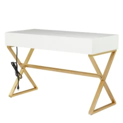 Kirkland's Home Office Furniture-White And Gold Metal Desk With Outlets