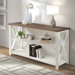Kirkland's Home Console Tables-White And Rustic Oak Wood Farmhouse Console Table