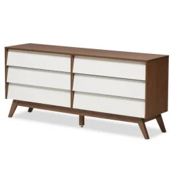 Kirkland's Home Dressers & Chests-White And Walnut Mid-Century 6-Drawer Dresser
