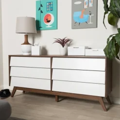 Kirkland's Home Dressers & Chests-White And Walnut Mid-Century 6-Drawer Dresser