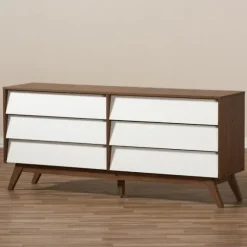 Kirkland's Home Dressers & Chests-White And Walnut Mid-Century 6-Drawer Dresser