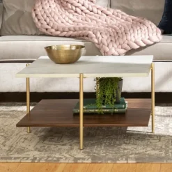 Kirkland's Home Coffee Tables-White Faux Marble And Brown Wood Coffee Table