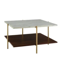 Kirkland's Home Coffee Tables-White Faux Marble And Brown Wood Coffee Table