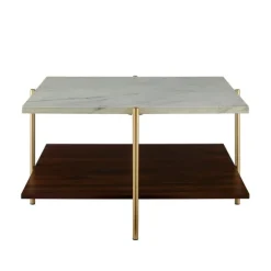Kirkland's Home Coffee Tables-White Faux Marble And Brown Wood Coffee Table