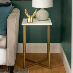 Kirkland's Home Accent & End Tables-White Faux Marble And Gold X-Base Accent Table