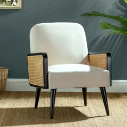 Kirkland's Home Accent Chairs-White Linen And Rattan Accent Chair