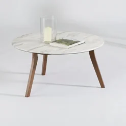 Kirkland's Home Coffee Tables-White Marble And Wood Round Coffee Table