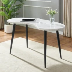Kirkland's Home Office Furniture-White Marble Kidney Shaped Desk