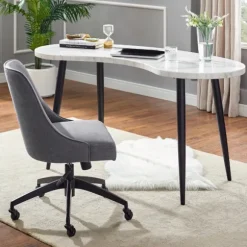 Kirkland's Home Office Furniture-White Marble Kidney Shaped Desk