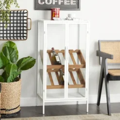 Kirkland's Home Kitchen Islands & Bar Carts-White Metal And Natural Wood 2-Door Bar Cabinet