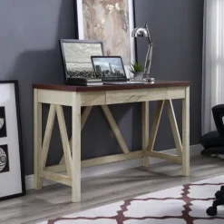 Kirkland's Home Office Furniture-White Oak Farmhouse A-Frame Desk With Brown Top