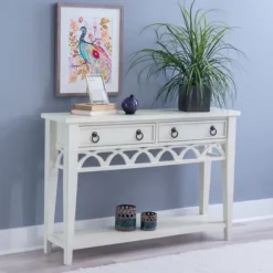 Kirkland's Home Console Tables-White Or Teal Paneled Fretwork Console Table