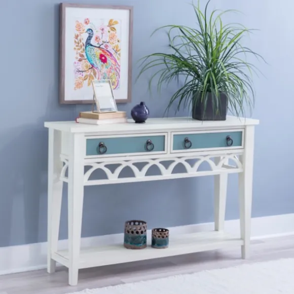Kirkland's Home Console Tables-White Or Teal Paneled Fretwork Console Table