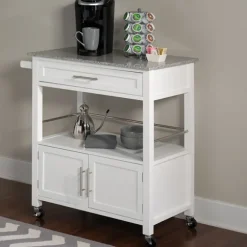 Kirkland's Home Kitchen Islands & Bar Carts-White Parker Granite Top Rolling Kitchen Cart