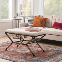 Kirkland's Home Dining Chairs-White Upholstered And Wrapped Rope Metal Bench