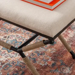 Kirkland's Home Dining Chairs-White Upholstered And Wrapped Rope Metal Bench