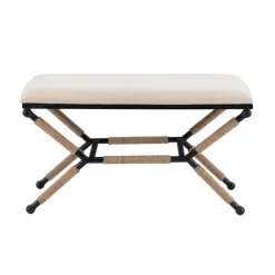 Kirkland's Home Dining Chairs-White Upholstered And Wrapped Rope Metal Bench