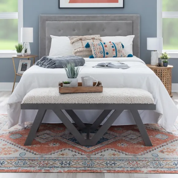 Kirkland's Home Benches & Ottomans-White Upholstered Seat And Blue Wood Bench