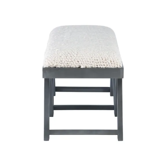 Kirkland's Home Benches & Ottomans-White Upholstered Seat And Blue Wood Bench