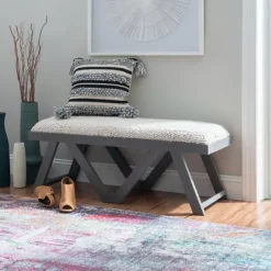 Kirkland's Home Benches & Ottomans-White Upholstered Seat And Blue Wood Bench