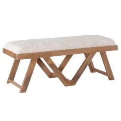 Kirkland's Home Benches & Ottomans-White Upholstered Seat And Tan Wood Bench