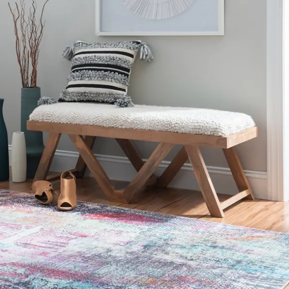 Kirkland's Home Benches & Ottomans-White Upholstered Seat And Tan Wood Bench