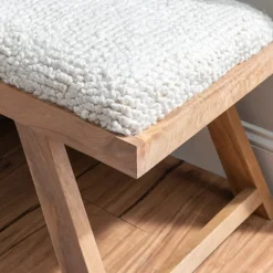 Kirkland's Home Benches & Ottomans-White Upholstered Seat And Tan Wood Bench