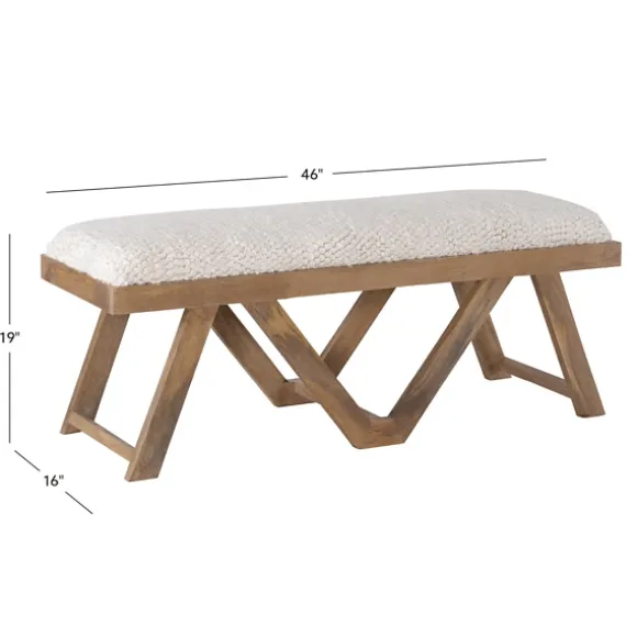 Kirkland's Home Benches & Ottomans-White Upholstered Seat And Tan Wood Bench