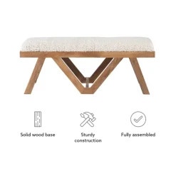 Kirkland's Home Benches & Ottomans-White Upholstered Seat And Tan Wood Bench